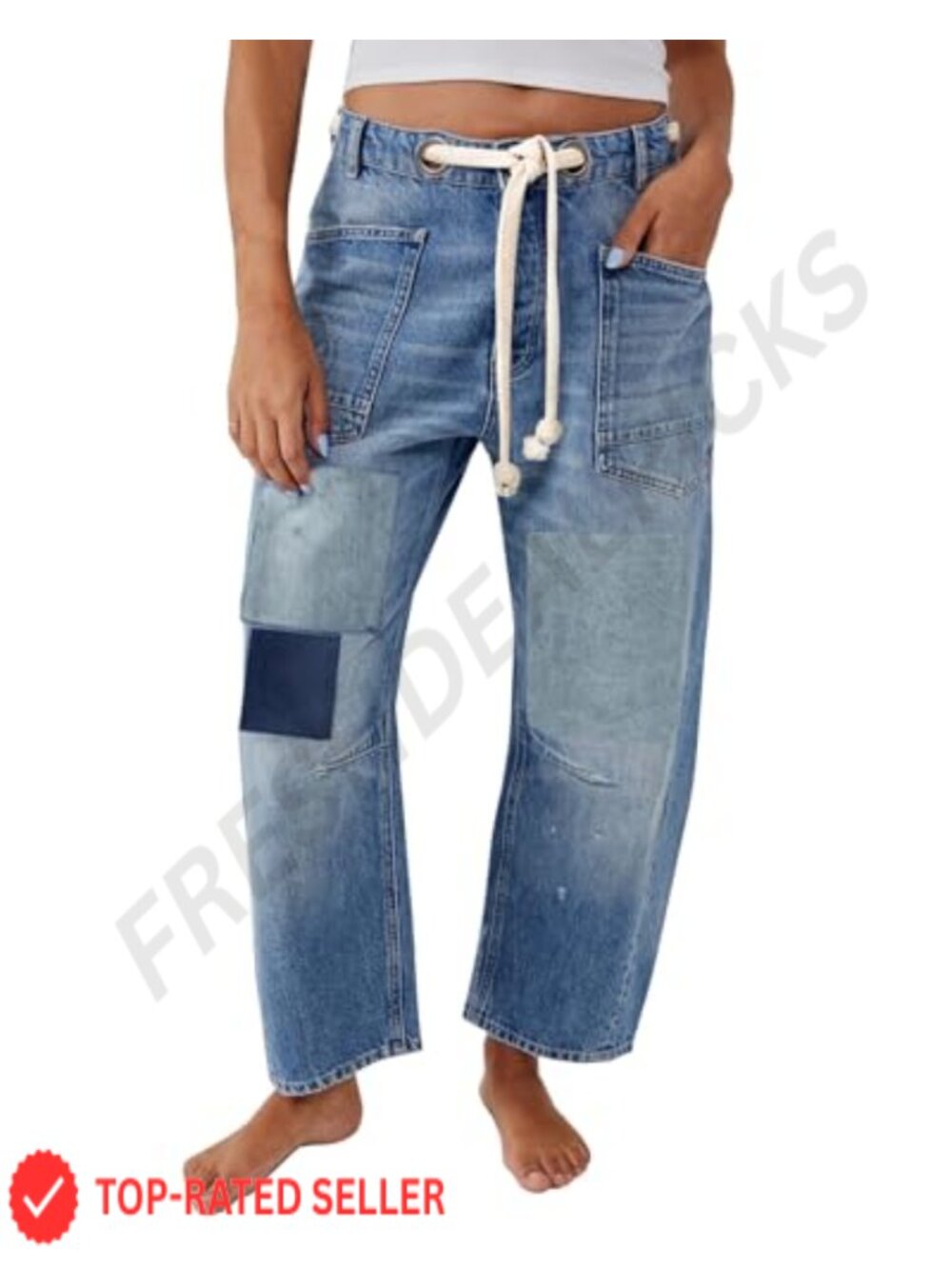 Baggy Barrel Horseshoe Jeans Wide Leg Patchwork Low Rise Drawstring Denim Pants